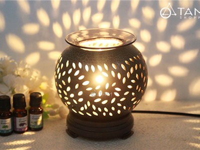 Đèn xông tinh dầu gốm nâu tròn lớn T0009 [Tặng bóng đèn] DXTDD-GOM-T0009